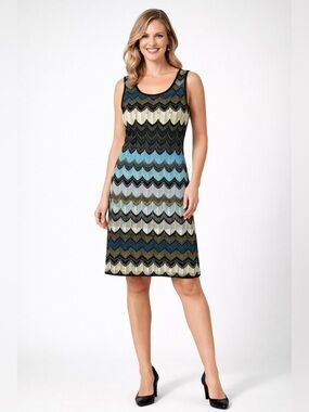 Ronni Nicole Chevron Knit Dress Blue Black Sleeveless Size 8 Career Chic Retro